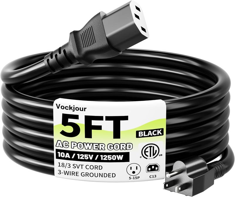 Vockjour كابل طاقة AC ثلاثي الشوكات بطول 5 أقدام 10 أمبير 125 فولت 18AWG، NEMA 5-15P إلى C13، كابل طاقة PC أسود للتلفاز، الكمبيوتر، الشاشة، الطابعة، بلاي ستيشن، HP، Dell، Lenovo، Apple، Asus - مدرج في ETL - Image 1